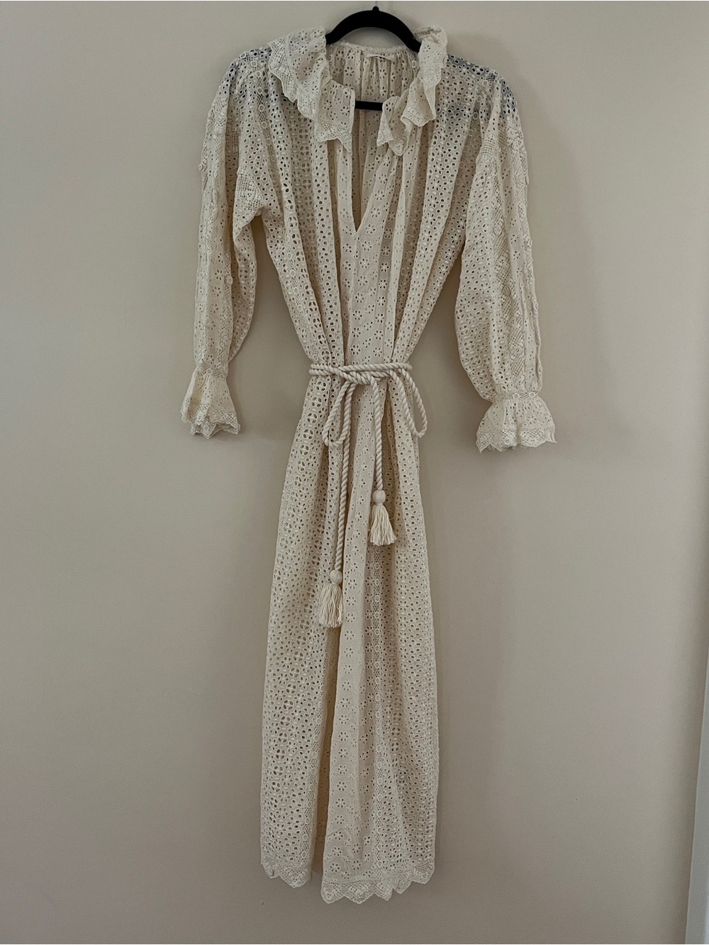 Doen Persephone Cream Eyelet Midi Dress with Tassel Belt in Magnolia NWT sz XXS - Picture 4 of 11